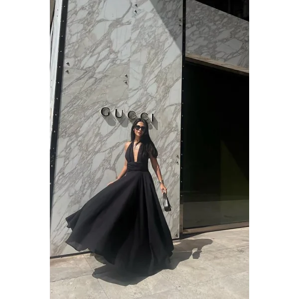 Siyah Askılı Keten Elbise