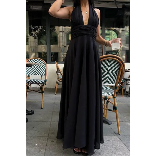 Siyah Askılı Keten Elbise