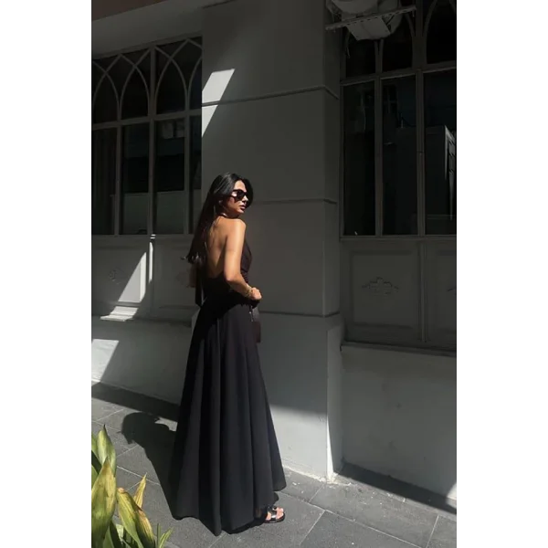 Siyah Askılı Keten Elbise