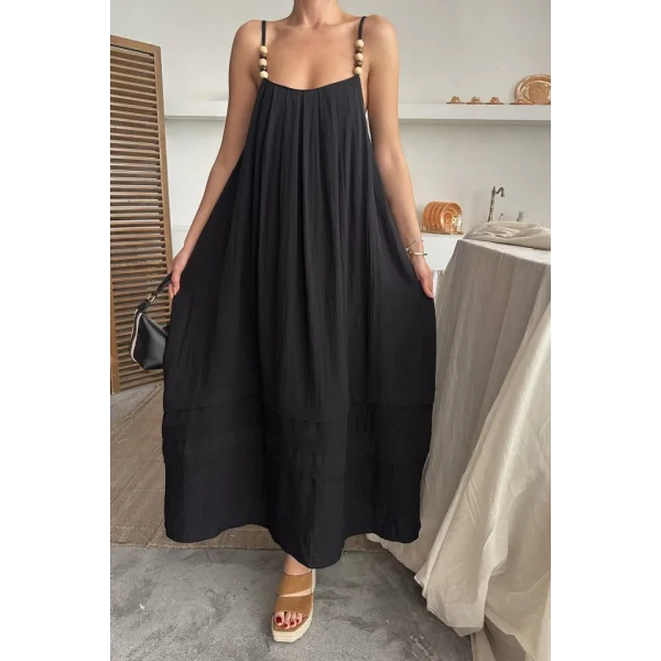 Siyah Askılı Müslin Elbise