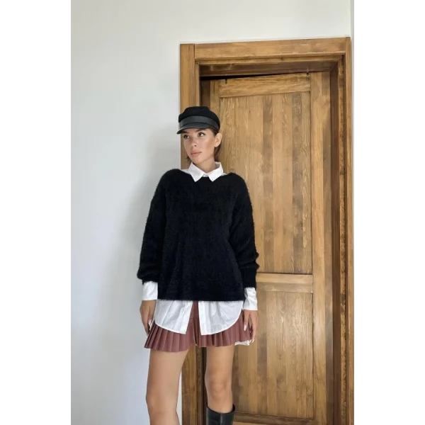 Siyah Baklava Desenli Triko Kazak