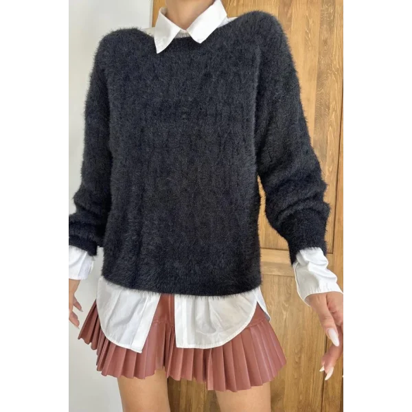 Siyah Baklava Desenli Triko Kazak