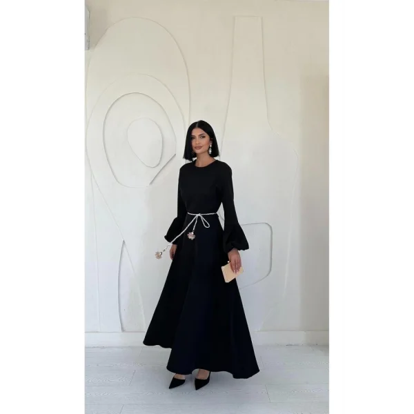 Siyah Balon Kollu Kuşaklı Elbise