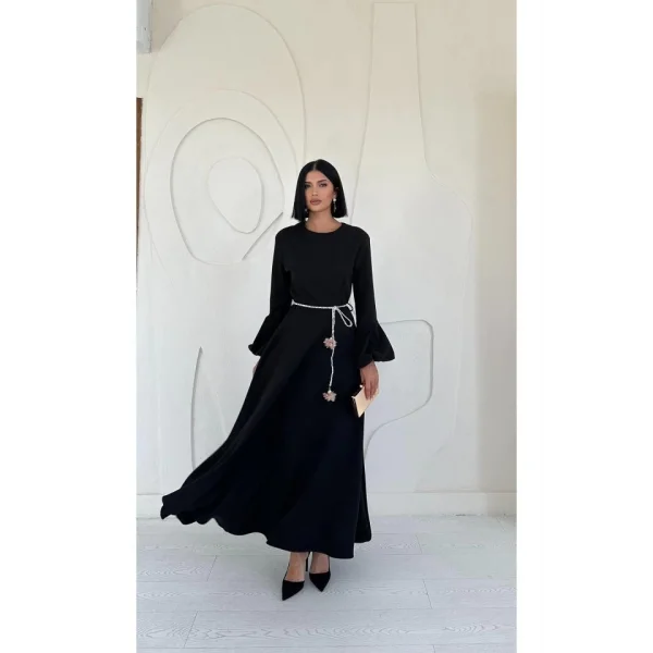 Siyah Balon Kollu Kuşaklı Elbise