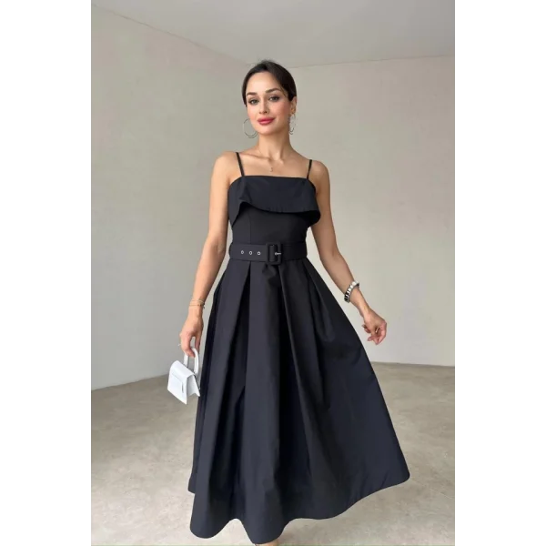 Siyah Beli Kemerli Pileli Elbise