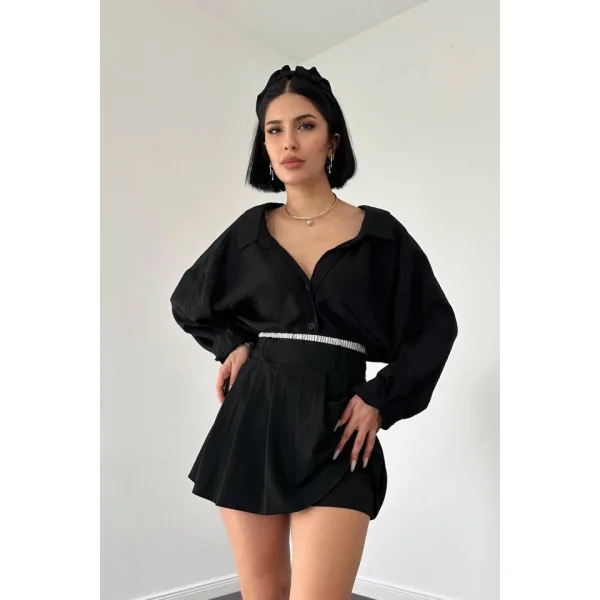 Siyah Beli Lastikli Etek Şort