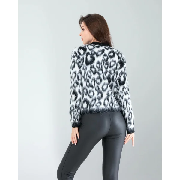 Siyah Beyaz Leopar Desen Sakal Triko Hırka