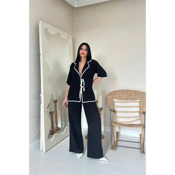 Siyah Biye Detaylı Keten Takım