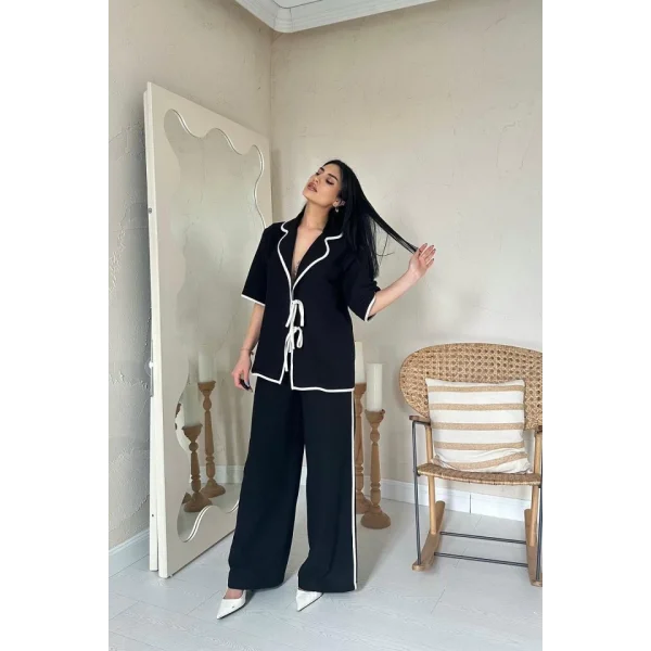Siyah Biye Detaylı Keten Takım
