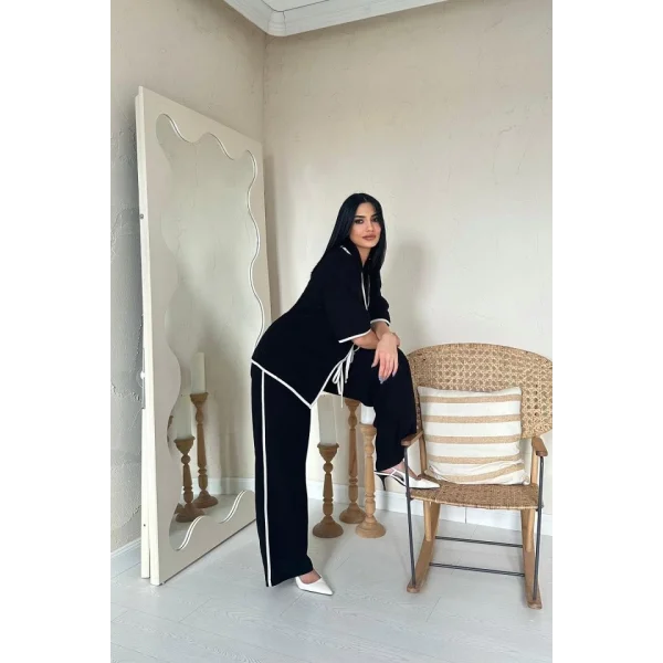 Siyah Biye Detaylı Keten Takım
