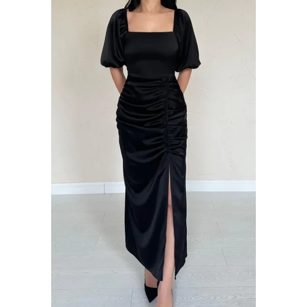 Siyah Büzgülü Saten Elbise