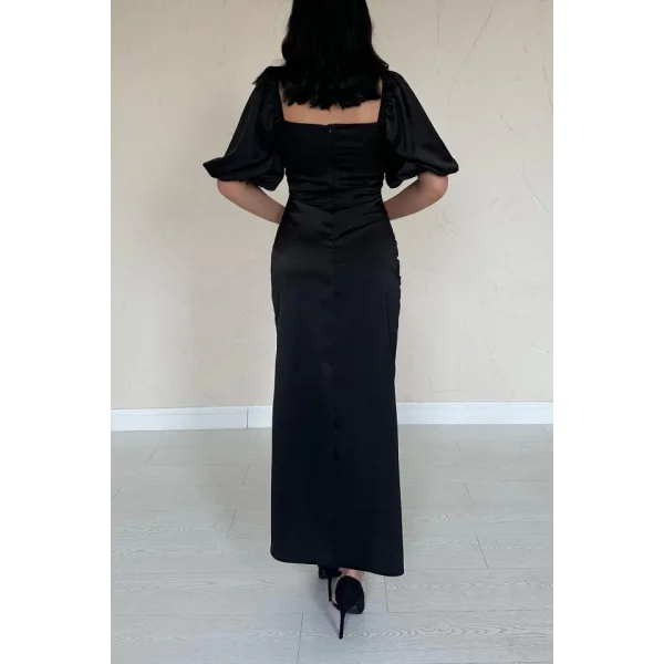 Siyah Büzgülü Saten Elbise