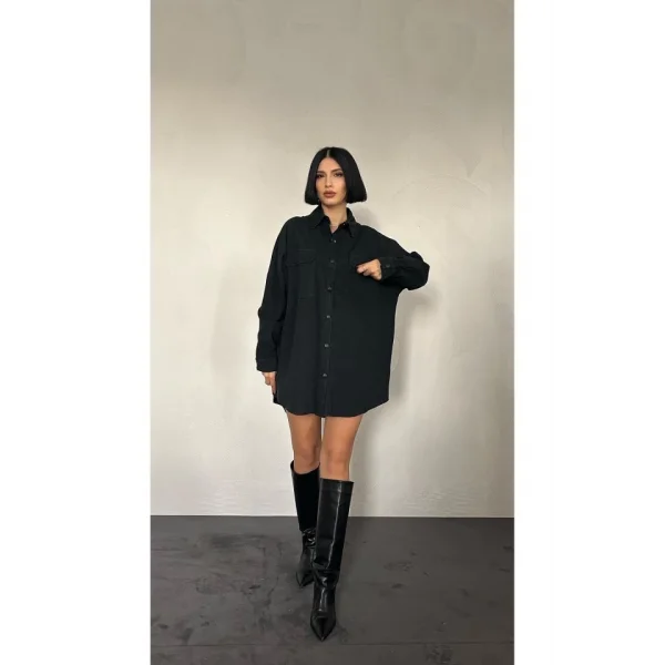 Siyah Çift Cep Kapaklı Çıtçıtlı Gömlek