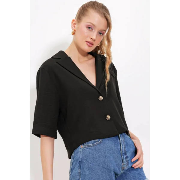 Siyah Çift Düğmeli Oversize Crop Keten Ceket 0706