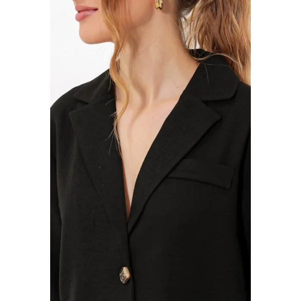 Siyah Çift Düğmeli Oversize Crop Keten Ceket 0706