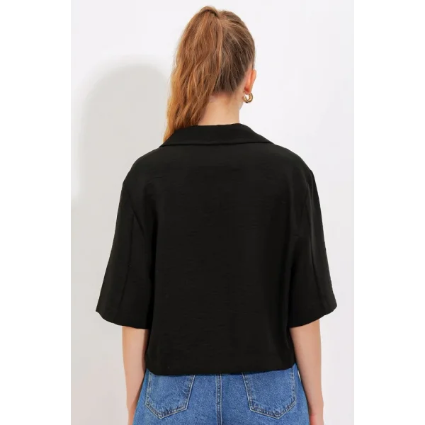 Siyah Çift Düğmeli Oversize Crop Keten Ceket 0706