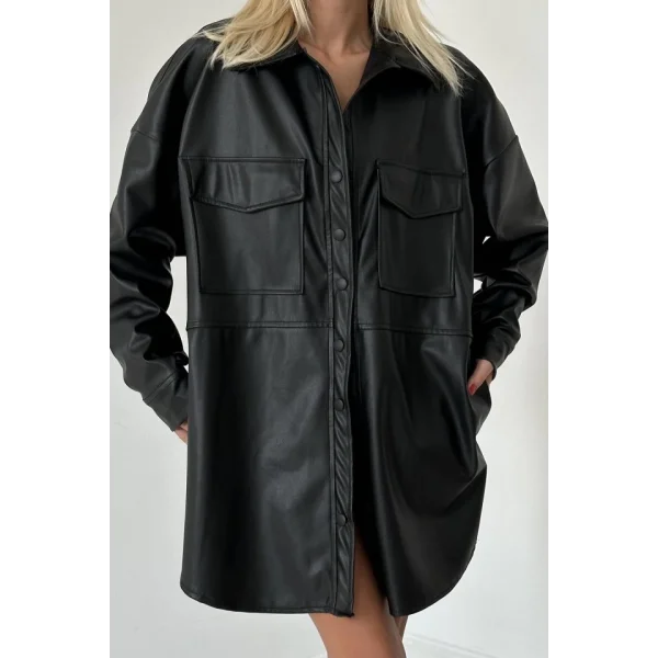 Siyah Çıtçıt Kapama Cepli Deri Ceket