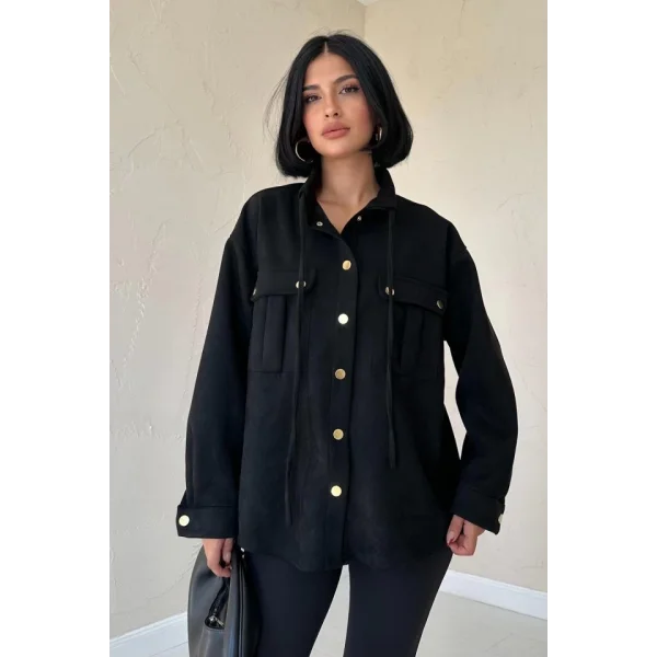 Siyah Çıtçıtlı Süet Gömlek