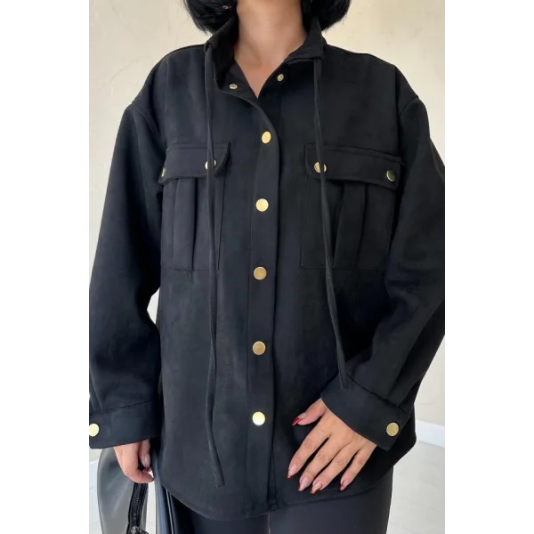 Siyah Çıtçıtlı Süet Gömlek