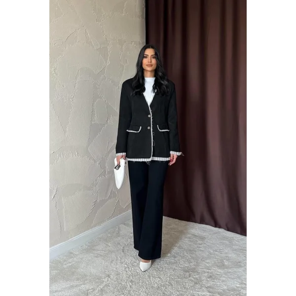 Siyah Çizgili Astarlı Garnili Süet Ceket