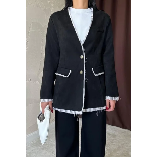 Siyah Çizgili Astarlı Garnili Süet Ceket