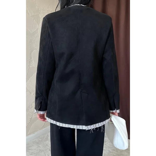Siyah Çizgili Astarlı Garnili Süet Ceket