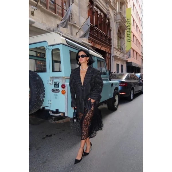 Siyah Çizgili Oversize Ceket