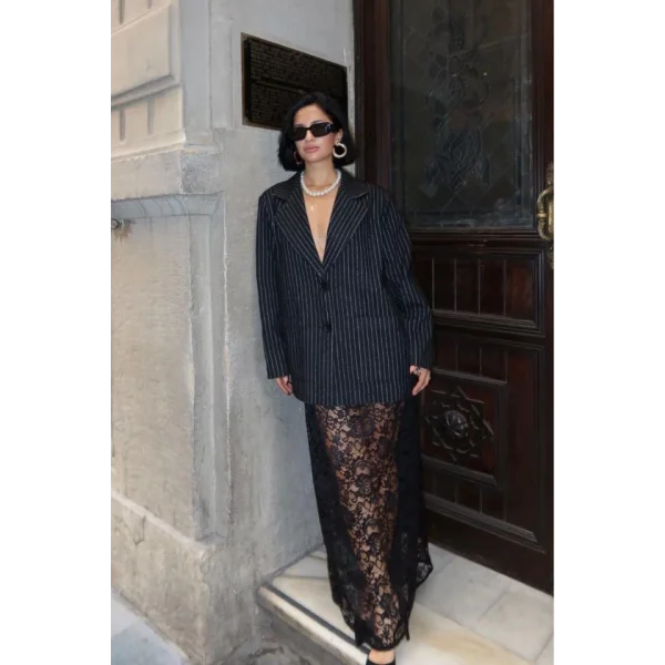 Siyah Çizgili Oversize Ceket