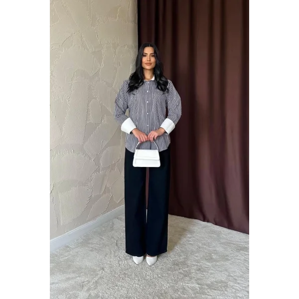 Siyah Çizgili Poplin Uzun Kol Gömlek
