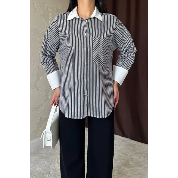 Siyah Çizgili Poplin Uzun Kol Gömlek