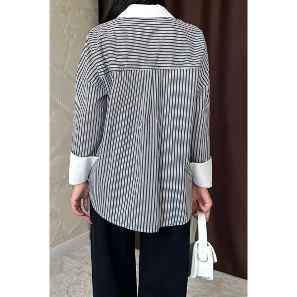 Siyah Çizgili Poplin Uzun Kol Gömlek