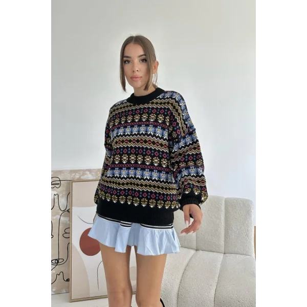 Siyah Desenli Triko Kazak