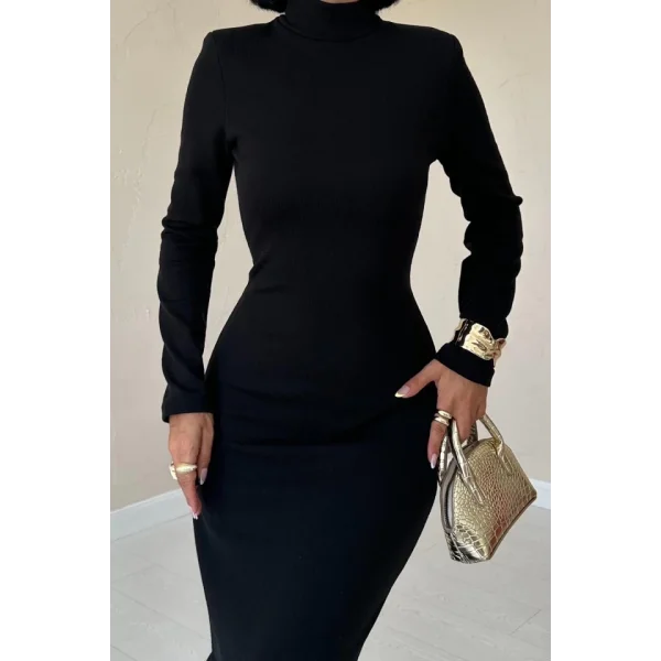 Siyah Eteği Garnili Triko Elbise