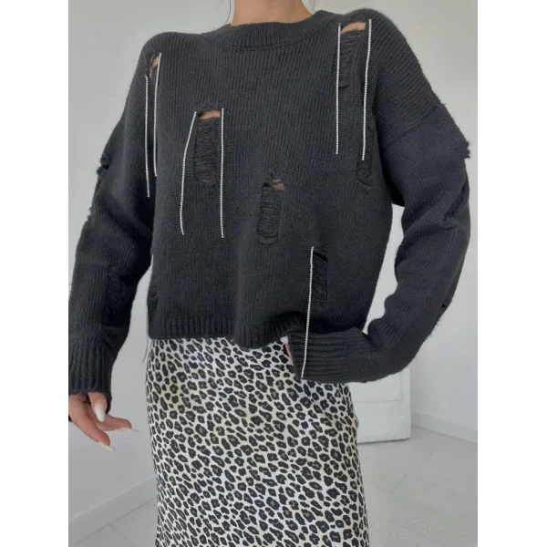 Siyah Faça Ve Zincirli Triko Kazak