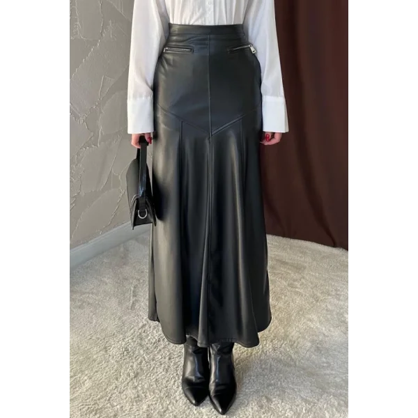 Siyah Fermuar Detaylı Deri Etek