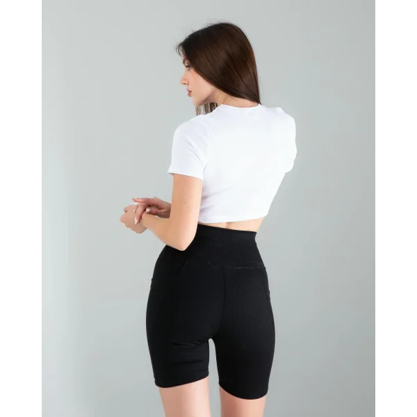 Siyah Fitilli Push Up Toparlayıcı Biker Spor Tayt