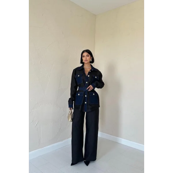 Siyah Garnili Cepli Gömlek Ve Pantolon Takım