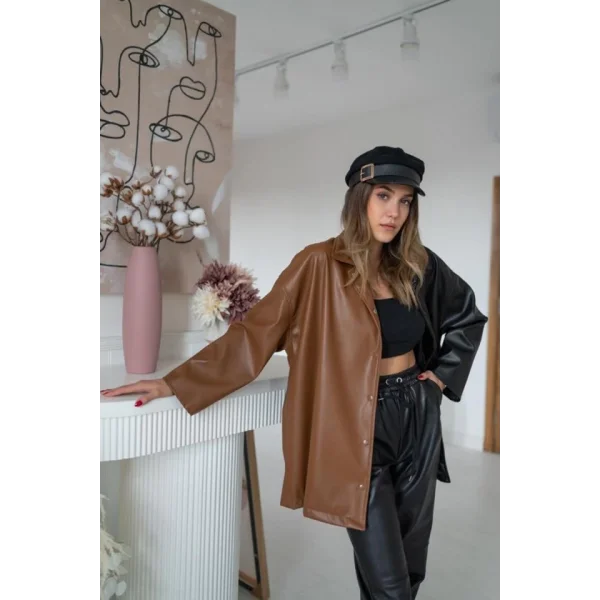 Siyah Garnili Çıtçıtlı Deri Gömlek