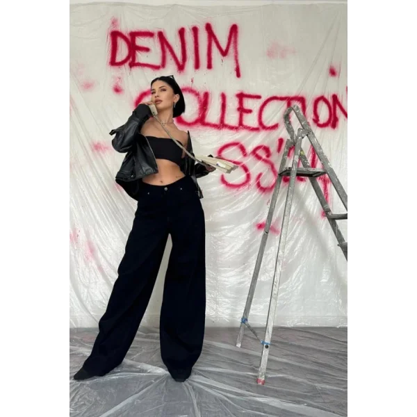 Siyah Geniş Paça Jeans Pantolon