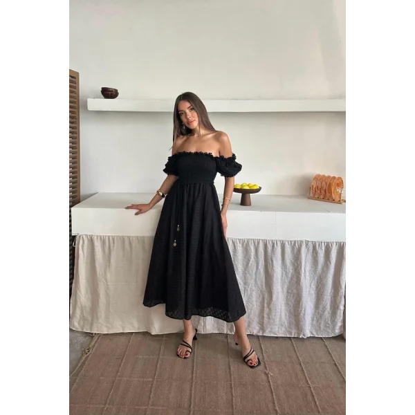 Siyah Gipeli Brode Elbise