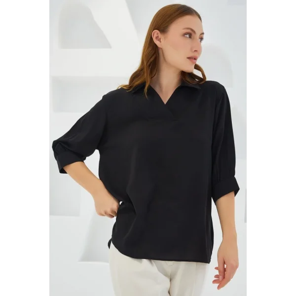 Siyah Gömlek Yaka Saten Bluz 0493