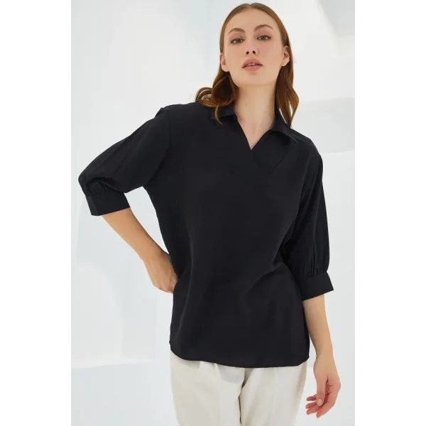 Siyah Gömlek Yaka Saten Bluz 0493