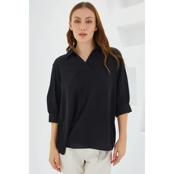 Siyah Gömlek Yaka Saten Bluz 0493