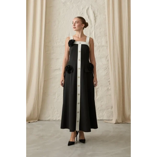 Siyah Güllü Askılı Elbise