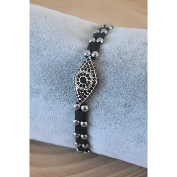 Siyah Gümüş Renk Zirkon Taşlı Makrome Doğal Taş Erkek Bileklik