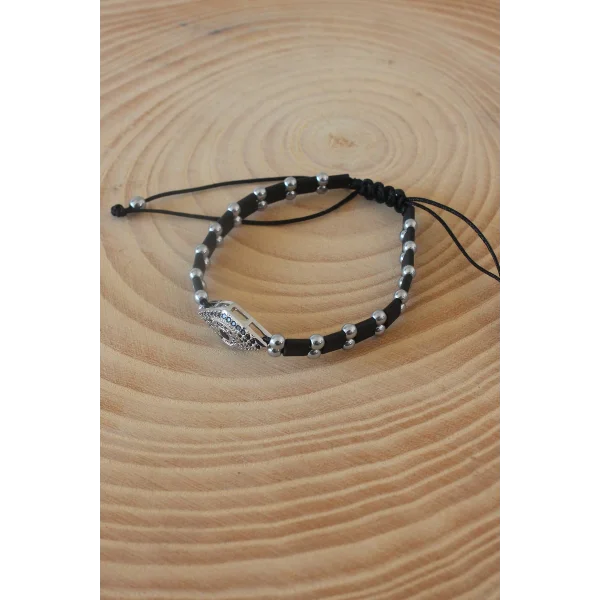 Siyah Gümüş Renk Zirkon Taşlı Makrome Doğal Taş Erkek Bileklik