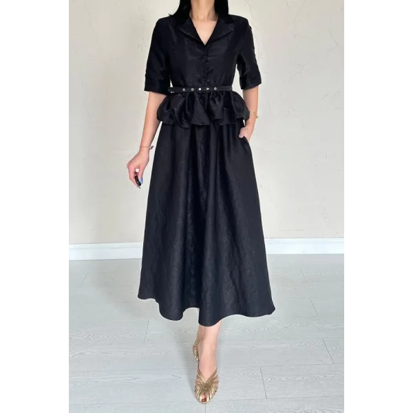 Siyah İnce Kemerli Fırfırlı Ceket Ve Büzgülü Etek Takım