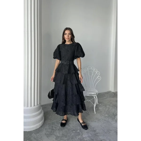 Siyah Kat Kat Balon Kollu Kemerli Elbise