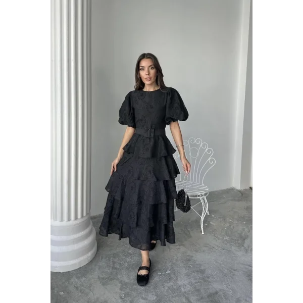 Siyah Kat Kat Balon Kollu Kemerli Elbise