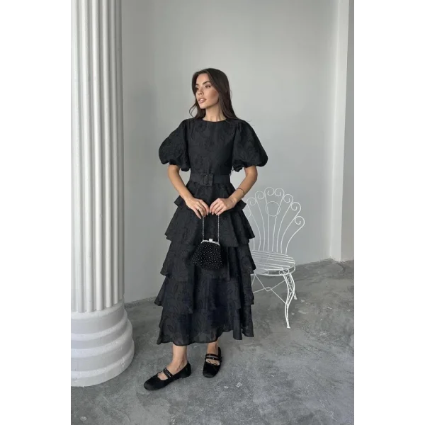 Siyah Kat Kat Balon Kollu Kemerli Elbise